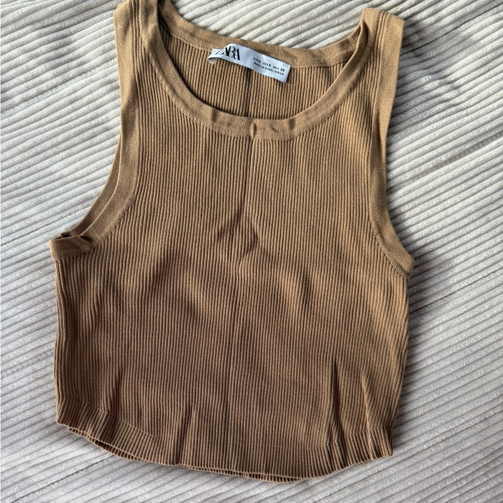 Zara Camel Ribbed Sleeveless Top